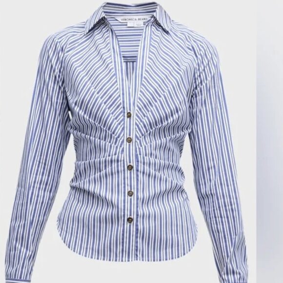 Veronica Beard Joelle Gathered Stripe Button-Front Top in Classic Blue - NWT! - Picture 1 of 11